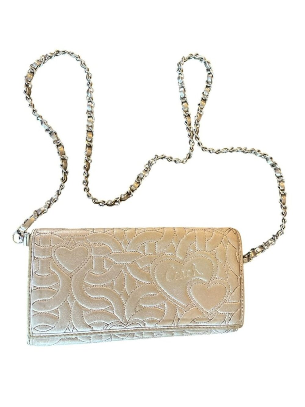Coach  Heart Quilted Gold Leather Wallet On Detachable Chain